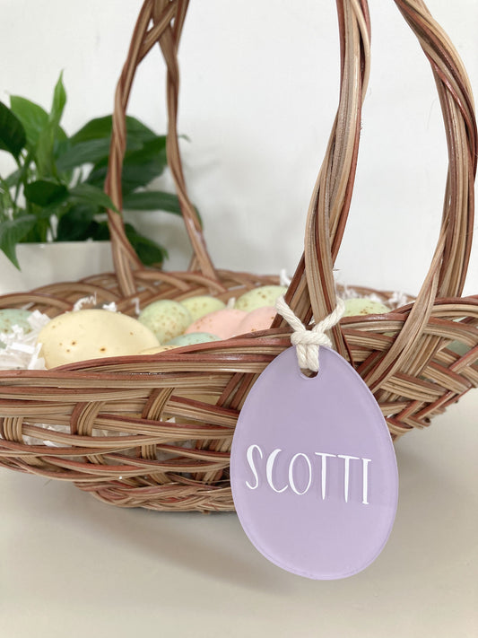 acrylic egg shaped gift tag for easter baskets, personalized with name
